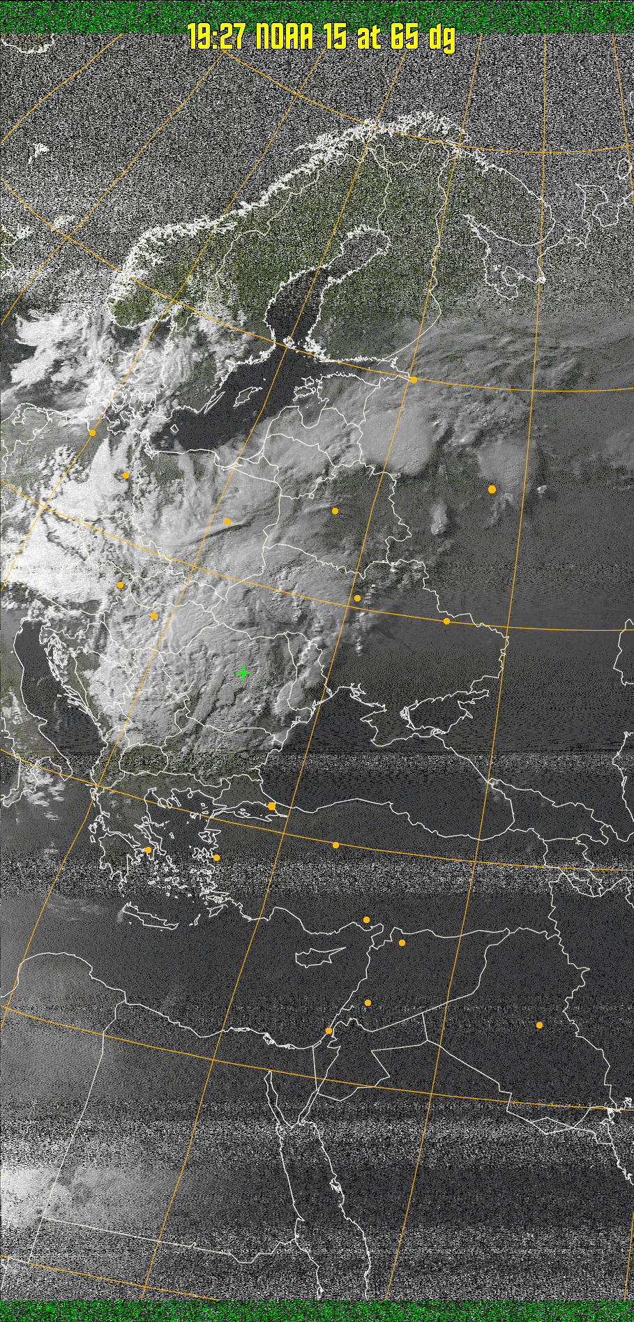 MSA-precip:
Same as MSA multispectral analysis, but high cold cloud tops are coloured the
same as the NO enhancement to give an approximate indication of the probability
and intensity of precipitation.