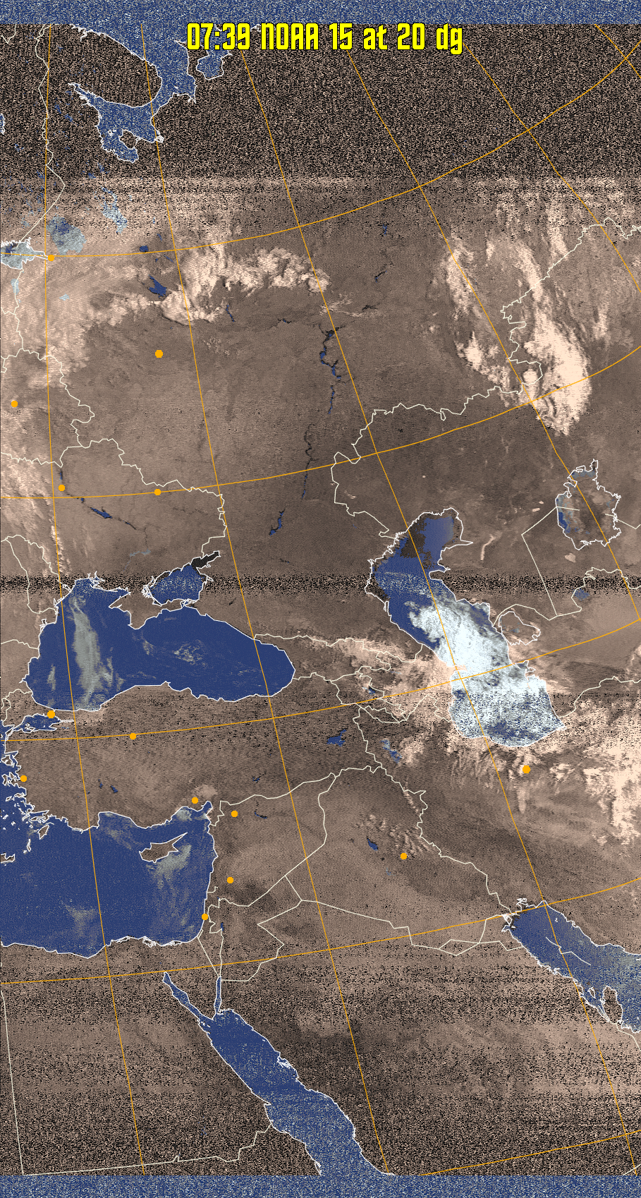 HVCT:
Similar to HVC, but with blue water and with colours more indicative of
land temperatures.
HVC:
Creates a false colour image from NOAA APT images based on temperature using
the HVC colour model. Uses the temperature derived from the sensor 4 image to
select the hue and the brightness from the histogram equalised other image to
select the value and chroma. The HVC colour model attempts to ensure that different colours at the same value will appear to the eye to be the same brightness
and the spacing between colours representing each degree will appear to the eye to
be similar. Bright areas are completely unsaturated in this model.