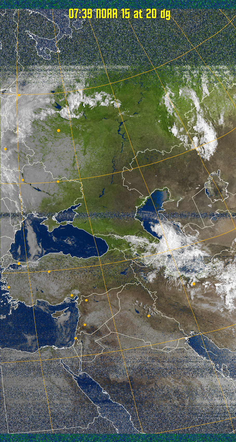 MSA-precip:
Same as MSA multispectral analysis, but high cold cloud tops are coloured the
same as the NO enhancement to give an approximate indication of the probability
and intensity of precipitation.