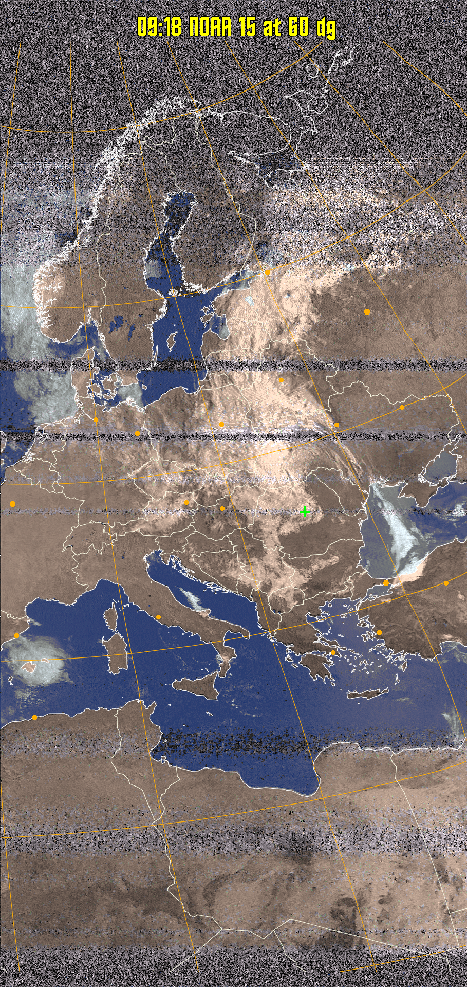 HVCT:
Similar to HVC, but with blue water and with colours more indicative of
land temperatures.
HVC:
Creates a false colour image from NOAA APT images based on temperature using
the HVC colour model. Uses the temperature derived from the sensor 4 image to
select the hue and the brightness from the histogram equalised other image to
select the value and chroma. The HVC colour model attempts to ensure that different colours at the same value will appear to the eye to be the same brightness
and the spacing between colours representing each degree will appear to the eye to
be similar. Bright areas are completely unsaturated in this model.