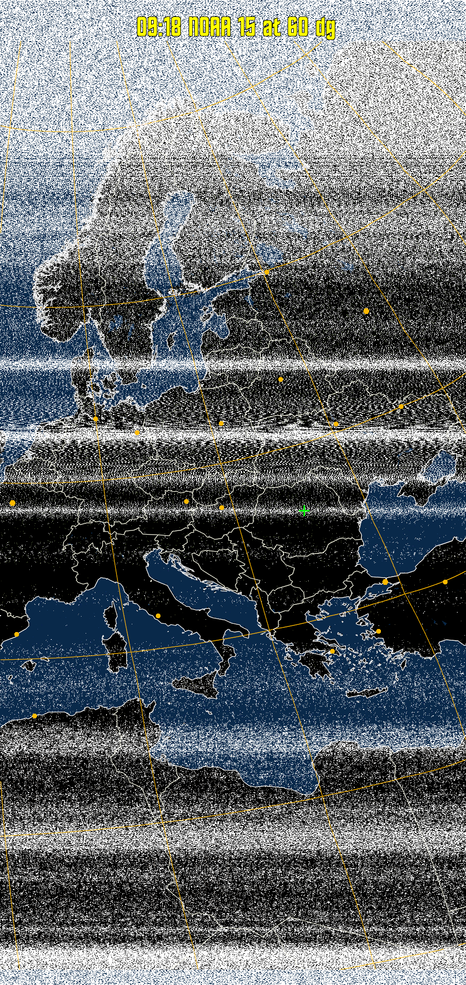 MCIR-precip: 
Colours the NOAA sensor 4 IR image using a map to colour the sea blue and land
green. High clouds appear white, lower clouds gray or land/sea coloured, clouds
generally appear lighter, but distinguishing between land/sea and low cloud may
be difficult. Darker colours indicate warmer regions.