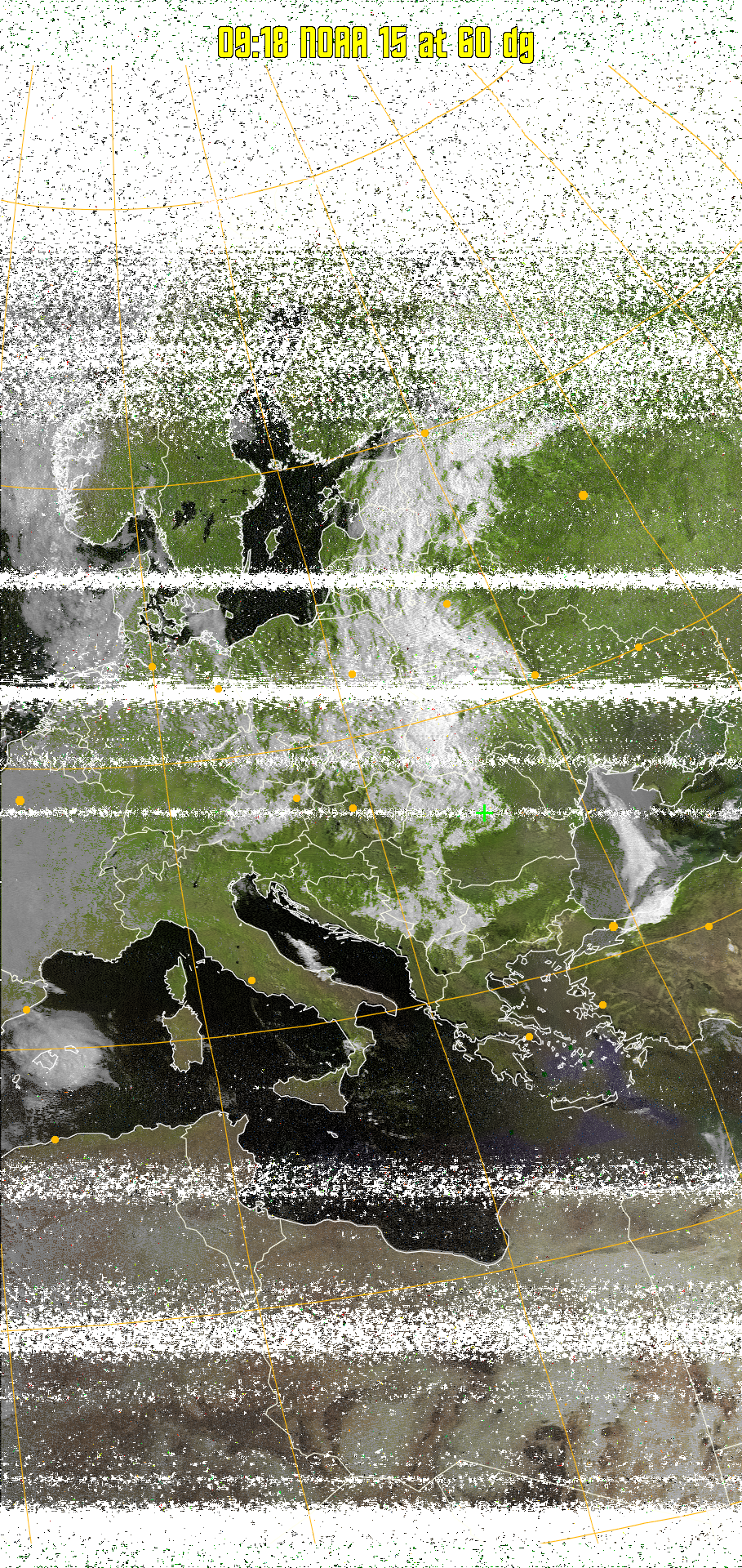 MSA-precip:
Same as MSA multispectral analysis, but high cold cloud tops are coloured the
same as the NO enhancement to give an approximate indication of the probability
and intensity of precipitation.