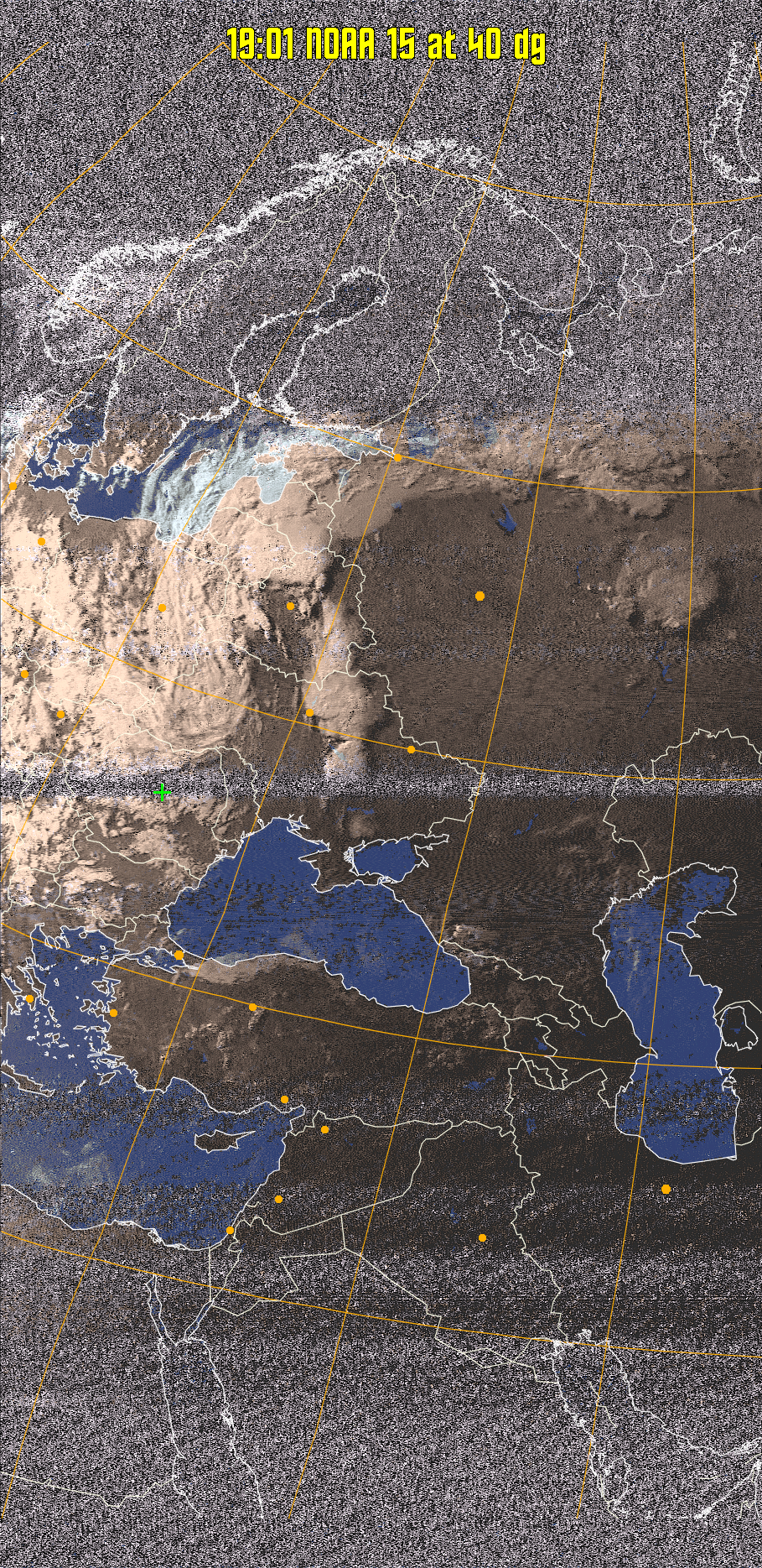 HVCT:
Similar to HVC, but with blue water and with colours more indicative of
land temperatures.
HVC:
Creates a false colour image from NOAA APT images based on temperature using
the HVC colour model. Uses the temperature derived from the sensor 4 image to
select the hue and the brightness from the histogram equalised other image to
select the value and chroma. The HVC colour model attempts to ensure that different colours at the same value will appear to the eye to be the same brightness
and the spacing between colours representing each degree will appear to the eye to
be similar. Bright areas are completely unsaturated in this model.