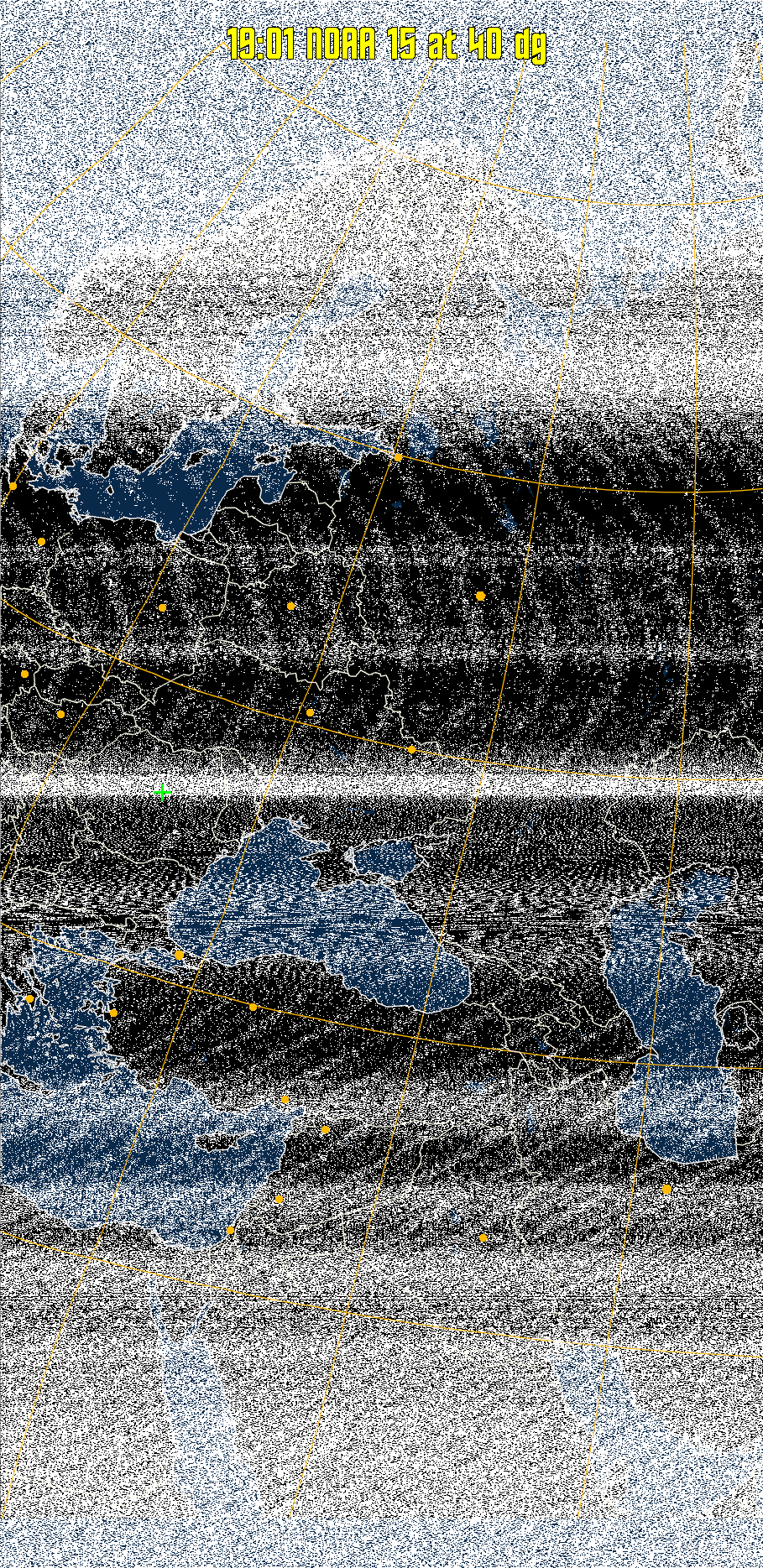 MCIR-precip: 
Colours the NOAA sensor 4 IR image using a map to colour the sea blue and land
green. High clouds appear white, lower clouds gray or land/sea coloured, clouds
generally appear lighter, but distinguishing between land/sea and low cloud may
be difficult. Darker colours indicate warmer regions.