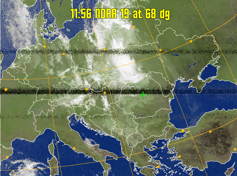 MCIR-precip: 
Colours the NOAA sensor 4 IR image using a map to colour the sea blue and land
green. High clouds appear white, lower clouds gray or land/sea coloured, clouds
generally appear lighter, but distinguishing between land/sea and low cloud may
be difficult. Darker colours indicate warmer regions.
