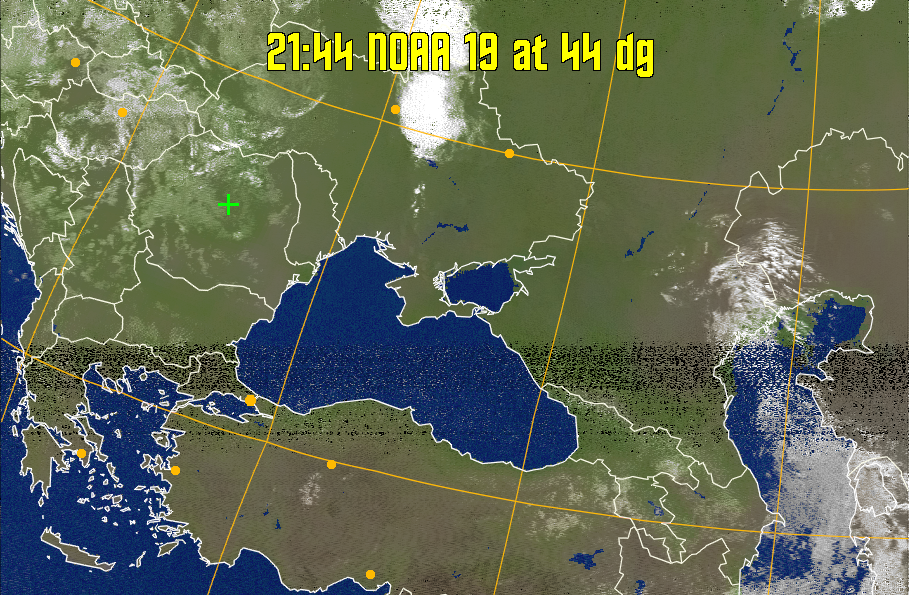 MCIR-precip: 
Colours the NOAA sensor 4 IR image using a map to colour the sea blue and land
green. High clouds appear white, lower clouds gray or land/sea coloured, clouds
generally appear lighter, but distinguishing between land/sea and low cloud may
be difficult. Darker colours indicate warmer regions.