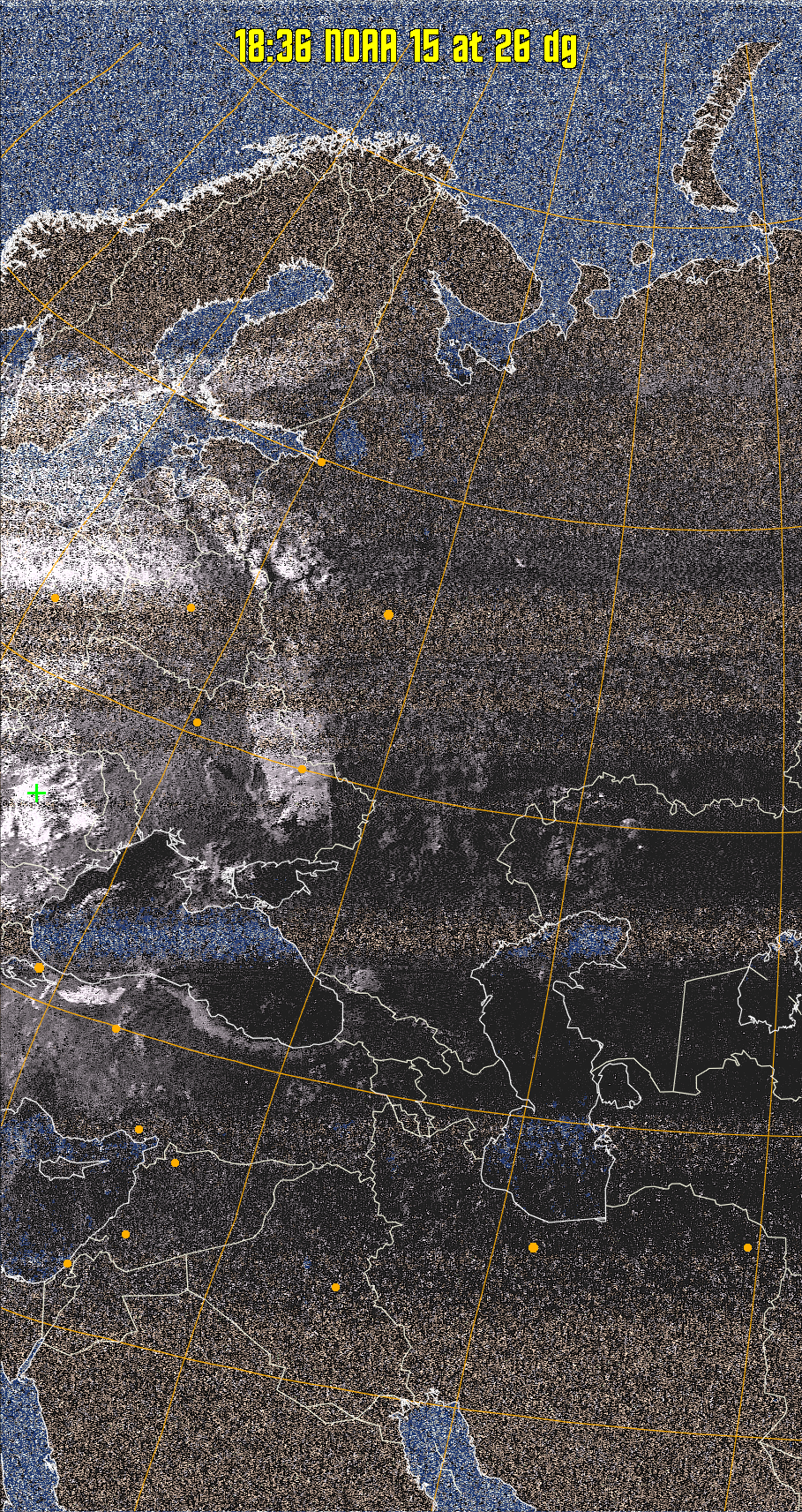 HVCT:
Similar to HVC, but with blue water and with colours more indicative of
land temperatures.
HVC:
Creates a false colour image from NOAA APT images based on temperature using
the HVC colour model. Uses the temperature derived from the sensor 4 image to
select the hue and the brightness from the histogram equalised other image to
select the value and chroma. The HVC colour model attempts to ensure that different colours at the same value will appear to the eye to be the same brightness
and the spacing between colours representing each degree will appear to the eye to
be similar. Bright areas are completely unsaturated in this model.