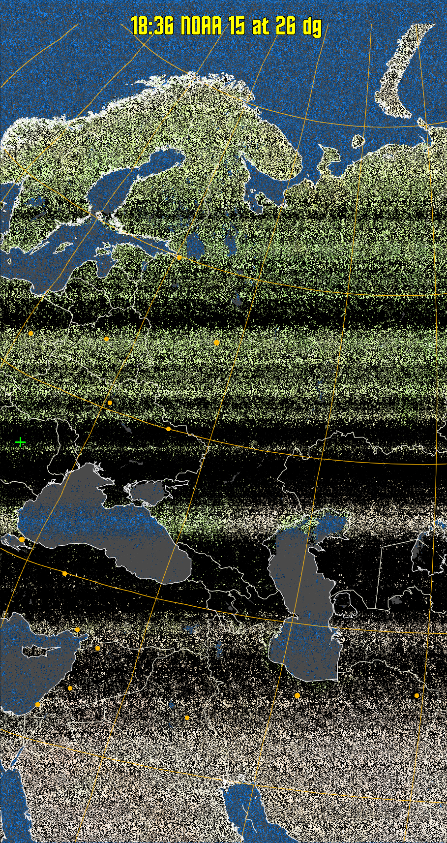 MCIR-precip: 
Colours the NOAA sensor 4 IR image using a map to colour the sea blue and land
green. High clouds appear white, lower clouds gray or land/sea coloured, clouds
generally appear lighter, but distinguishing between land/sea and low cloud may
be difficult. Darker colours indicate warmer regions.