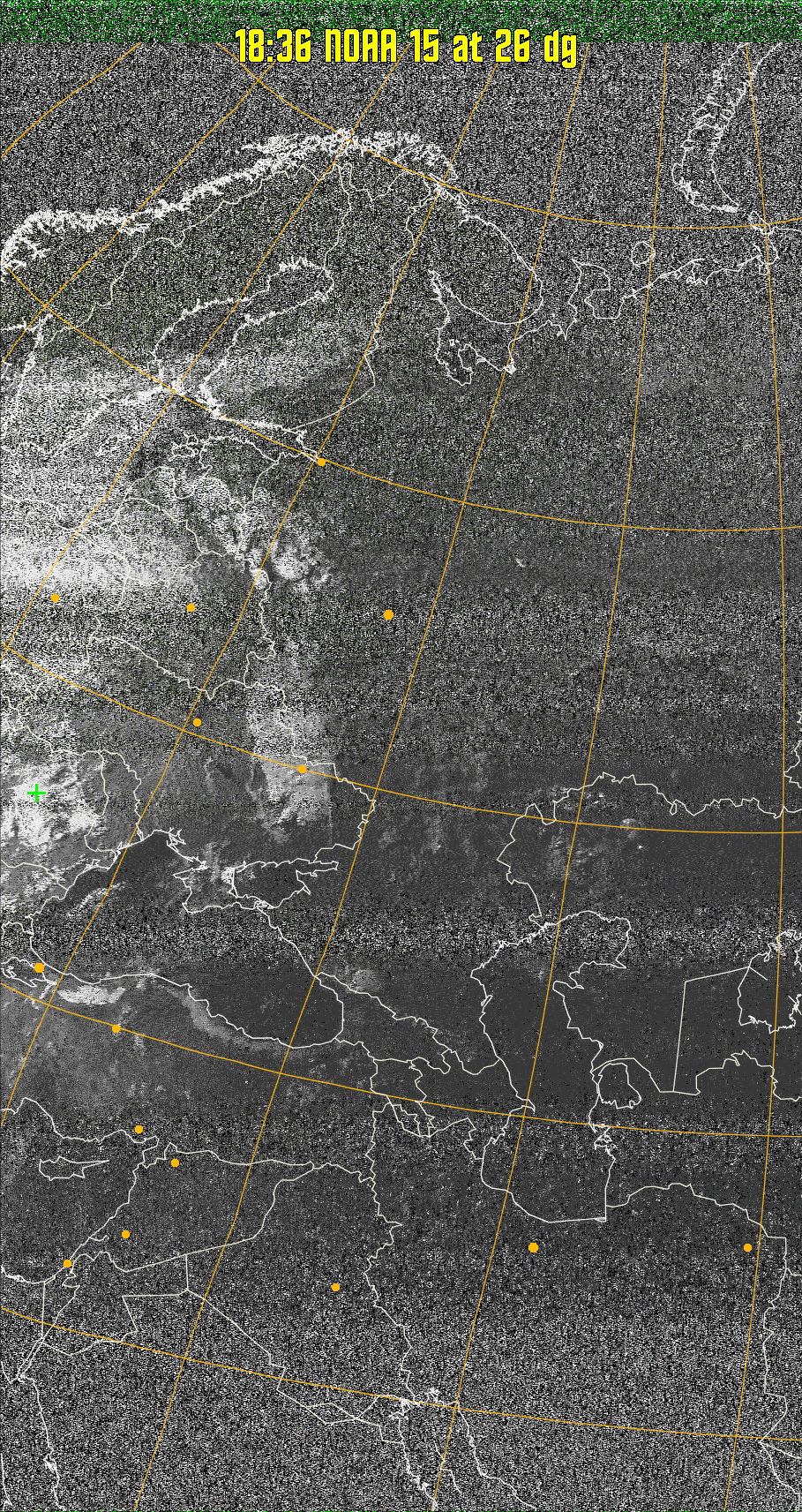 MSA-precip:
Same as MSA multispectral analysis, but high cold cloud tops are coloured the
same as the NO enhancement to give an approximate indication of the probability
and intensity of precipitation.