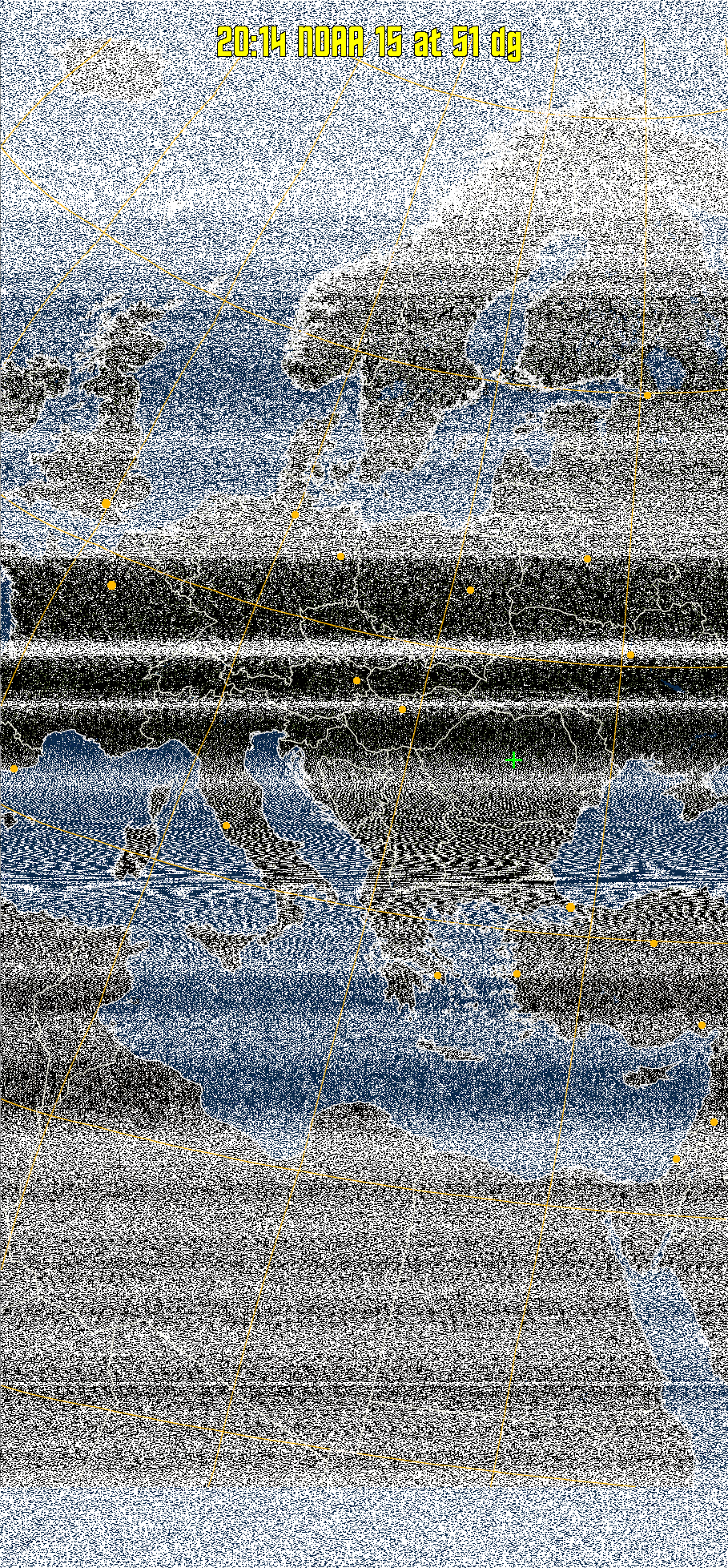 MCIR-precip: 
Colours the NOAA sensor 4 IR image using a map to colour the sea blue and land
green. High clouds appear white, lower clouds gray or land/sea coloured, clouds
generally appear lighter, but distinguishing between land/sea and low cloud may
be difficult. Darker colours indicate warmer regions.