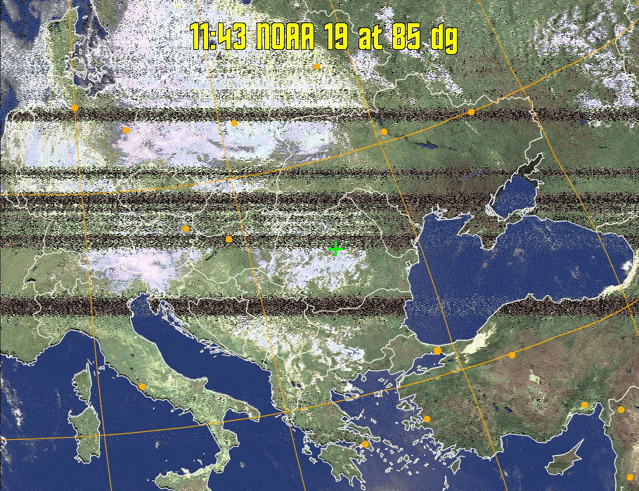 HVCT:
Similar to HVC, but with blue water and with colours more indicative of
land temperatures.
HVC:
Creates a false colour image from NOAA APT images based on temperature using
the HVC colour model. Uses the temperature derived from the sensor 4 image to
select the hue and the brightness from the histogram equalised other image to
select the value and chroma. The HVC colour model attempts to ensure that different colours at the same value will appear to the eye to be the same brightness
and the spacing between colours representing each degree will appear to the eye to
be similar. Bright areas are completely unsaturated in this model.
