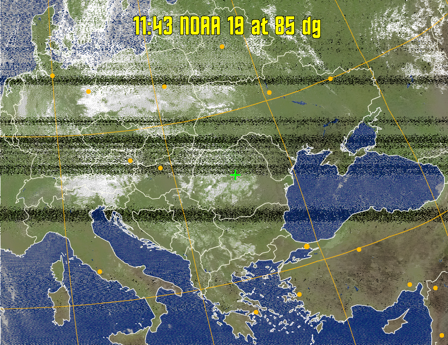 MCIR-precip: 
Colours the NOAA sensor 4 IR image using a map to colour the sea blue and land
green. High clouds appear white, lower clouds gray or land/sea coloured, clouds
generally appear lighter, but distinguishing between land/sea and low cloud may
be difficult. Darker colours indicate warmer regions.