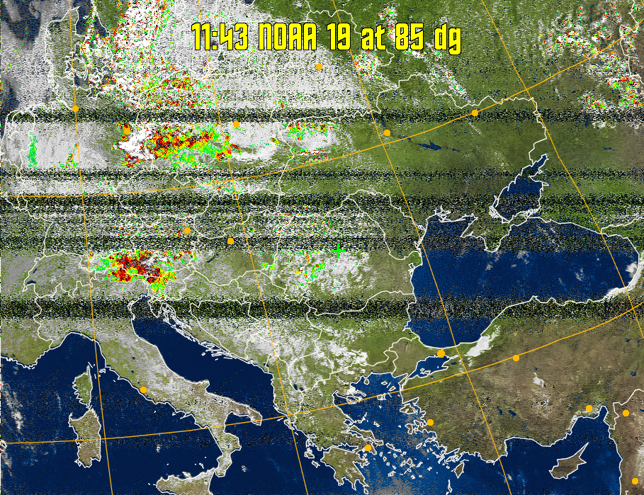 MSA-precip:
Same as MSA multispectral analysis, but high cold cloud tops are coloured the
same as the NO enhancement to give an approximate indication of the probability
and intensity of precipitation.