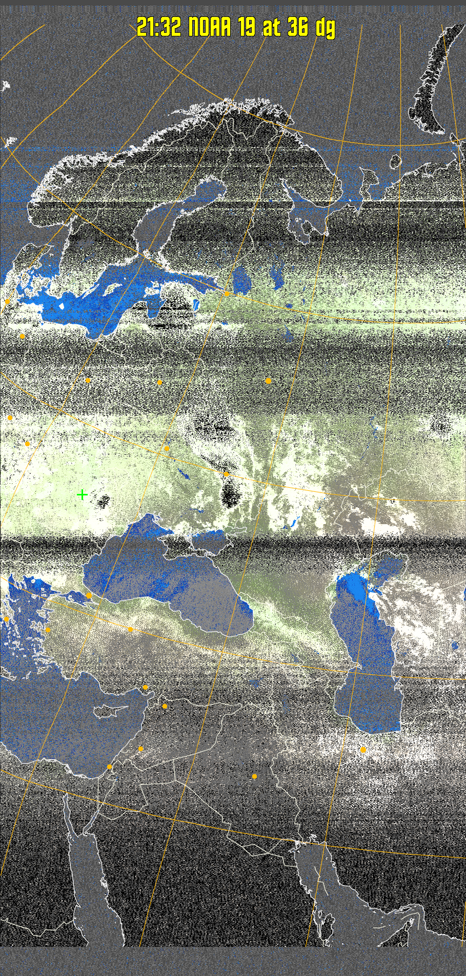MCIR-precip: 
Colours the NOAA sensor 4 IR image using a map to colour the sea blue and land
green. High clouds appear white, lower clouds gray or land/sea coloured, clouds
generally appear lighter, but distinguishing between land/sea and low cloud may
be difficult. Darker colours indicate warmer regions.