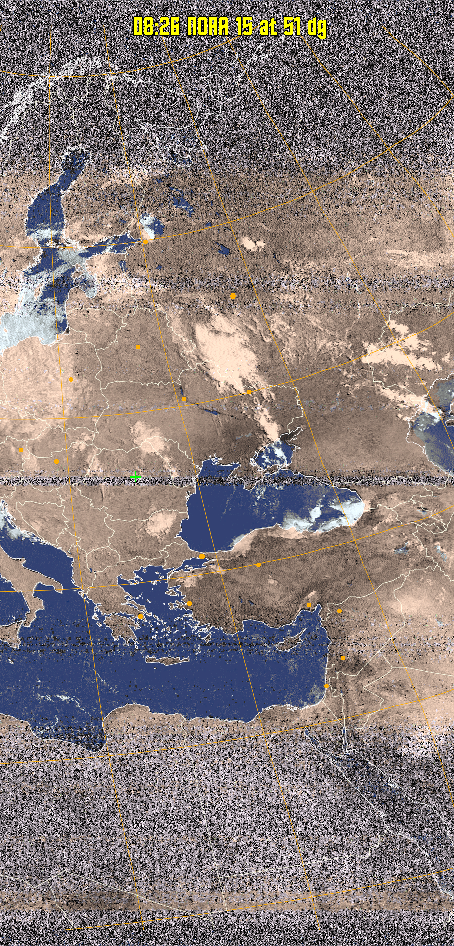 HVCT:
Similar to HVC, but with blue water and with colours more indicative of
land temperatures.
HVC:
Creates a false colour image from NOAA APT images based on temperature using
the HVC colour model. Uses the temperature derived from the sensor 4 image to
select the hue and the brightness from the histogram equalised other image to
select the value and chroma. The HVC colour model attempts to ensure that different colours at the same value will appear to the eye to be the same brightness
and the spacing between colours representing each degree will appear to the eye to
be similar. Bright areas are completely unsaturated in this model.