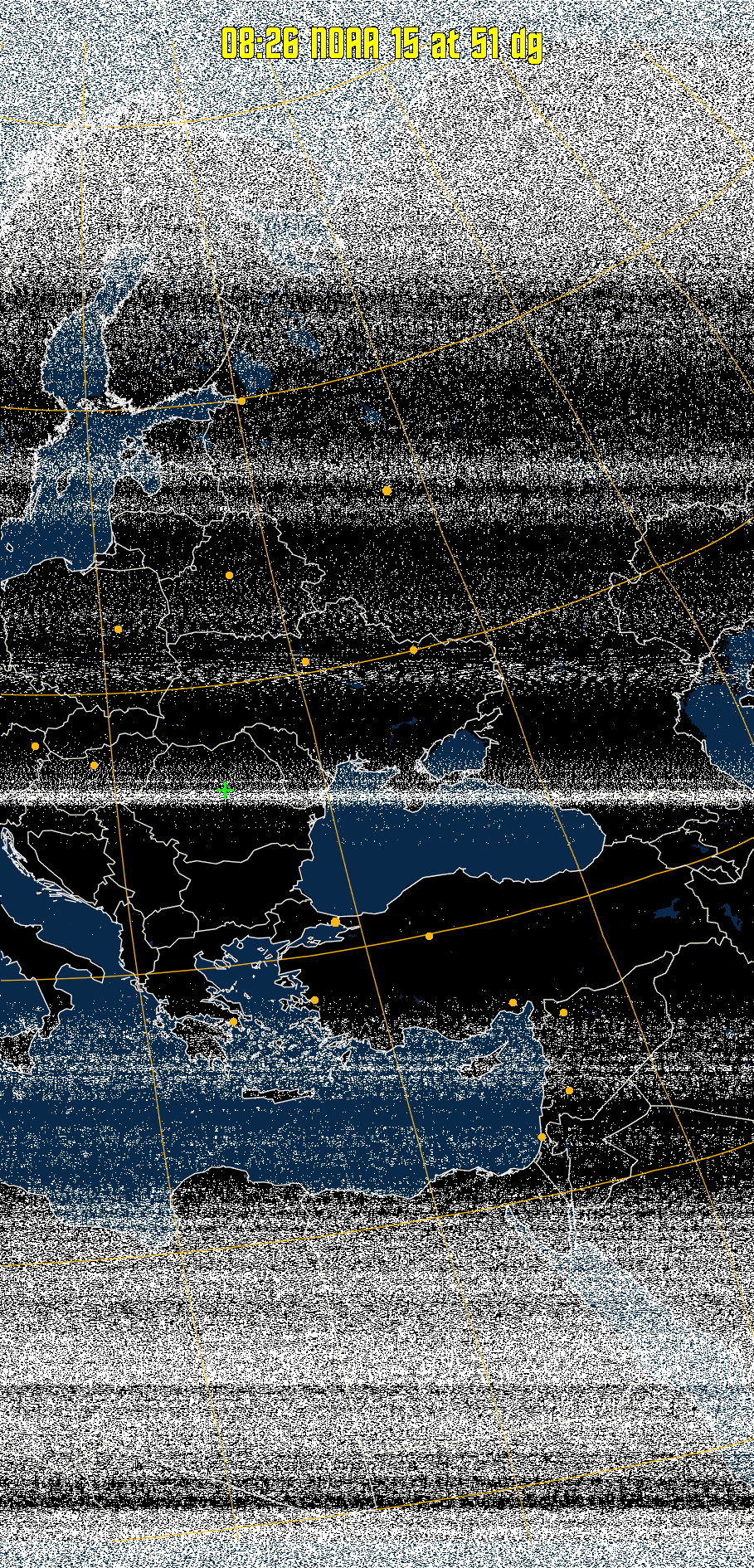 MCIR-precip: 
Colours the NOAA sensor 4 IR image using a map to colour the sea blue and land
green. High clouds appear white, lower clouds gray or land/sea coloured, clouds
generally appear lighter, but distinguishing between land/sea and low cloud may
be difficult. Darker colours indicate warmer regions.