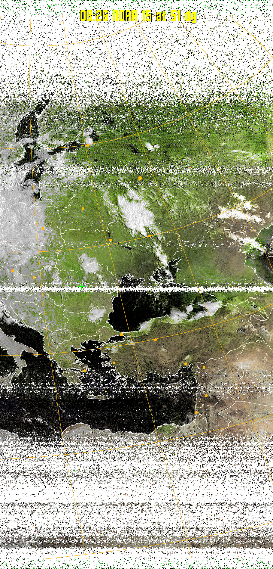 MSA-precip:
Same as MSA multispectral analysis, but high cold cloud tops are coloured the
same as the NO enhancement to give an approximate indication of the probability
and intensity of precipitation.