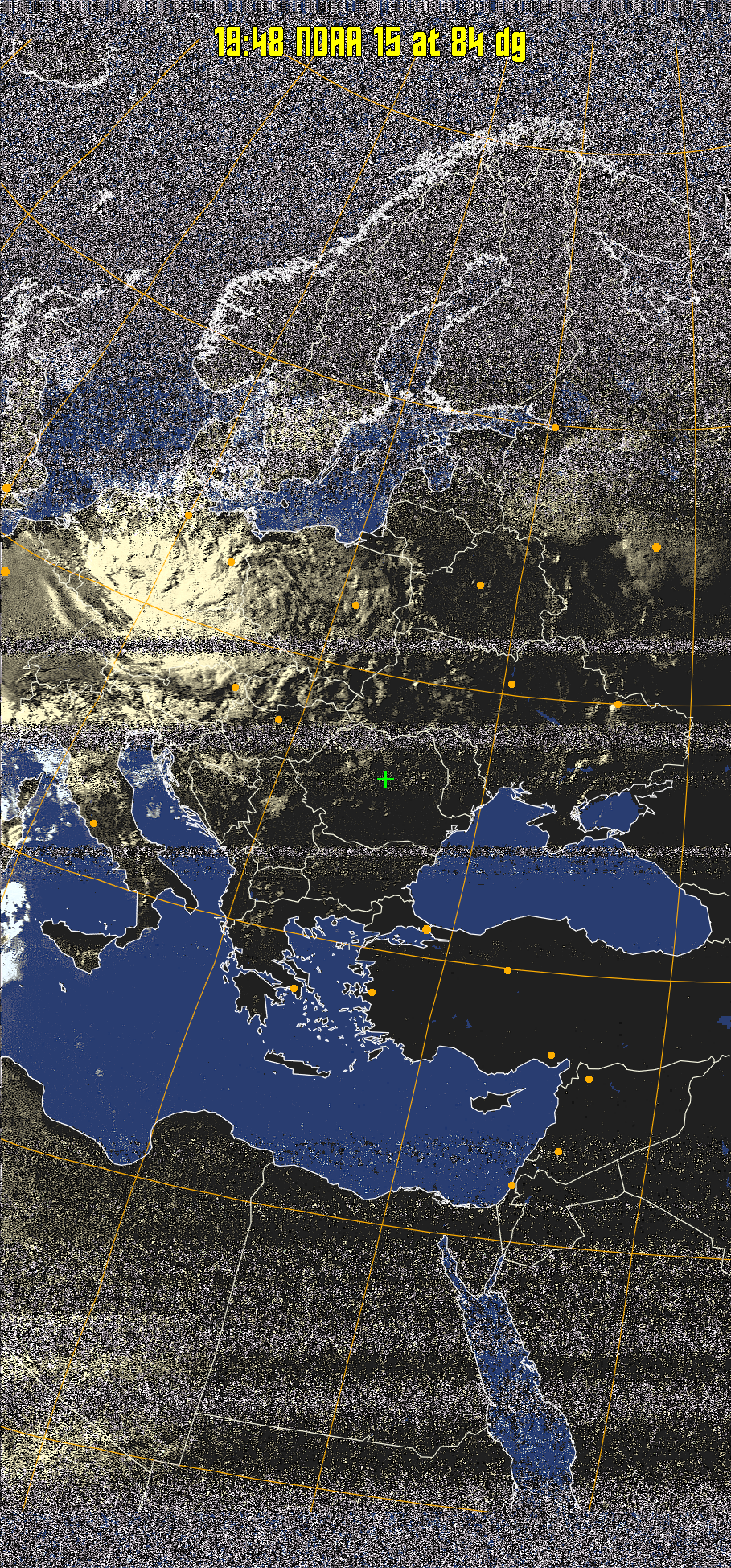 HVCT:
Similar to HVC, but with blue water and with colours more indicative of
land temperatures.
HVC:
Creates a false colour image from NOAA APT images based on temperature using
the HVC colour model. Uses the temperature derived from the sensor 4 image to
select the hue and the brightness from the histogram equalised other image to
select the value and chroma. The HVC colour model attempts to ensure that different colours at the same value will appear to the eye to be the same brightness
and the spacing between colours representing each degree will appear to the eye to
be similar. Bright areas are completely unsaturated in this model.