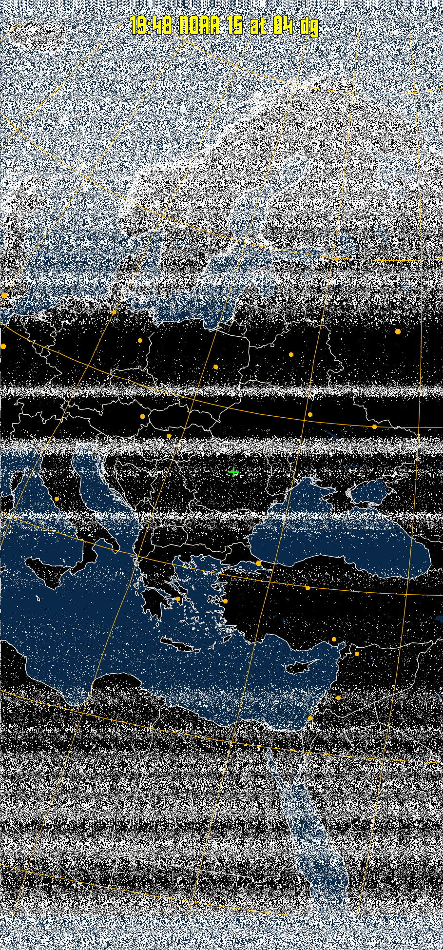 MCIR-precip: 
Colours the NOAA sensor 4 IR image using a map to colour the sea blue and land
green. High clouds appear white, lower clouds gray or land/sea coloured, clouds
generally appear lighter, but distinguishing between land/sea and low cloud may
be difficult. Darker colours indicate warmer regions.