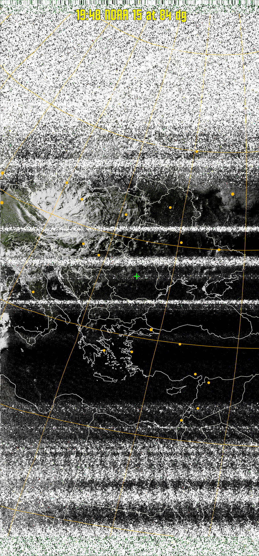 MSA-precip:
Same as MSA multispectral analysis, but high cold cloud tops are coloured the
same as the NO enhancement to give an approximate indication of the probability
and intensity of precipitation.