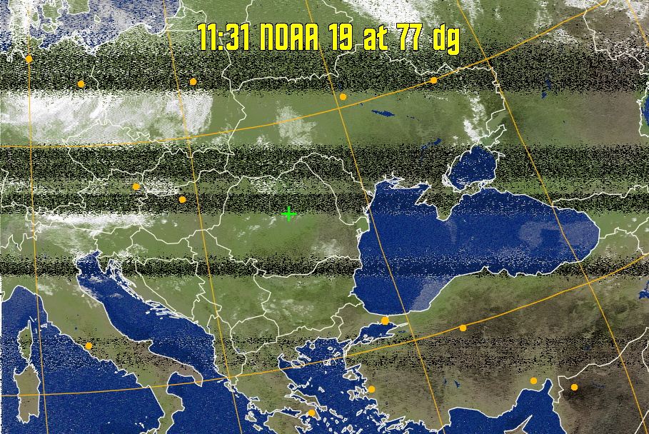 MCIR-precip: 
Colours the NOAA sensor 4 IR image using a map to colour the sea blue and land
green. High clouds appear white, lower clouds gray or land/sea coloured, clouds
generally appear lighter, but distinguishing between land/sea and low cloud may
be difficult. Darker colours indicate warmer regions.