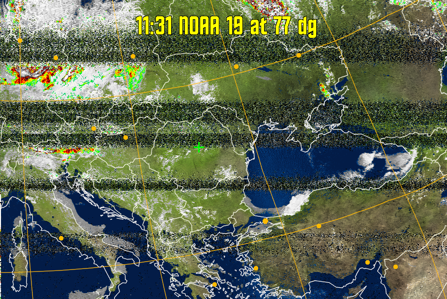 MSA-precip:
Same as MSA multispectral analysis, but high cold cloud tops are coloured the
same as the NO enhancement to give an approximate indication of the probability
and intensity of precipitation.