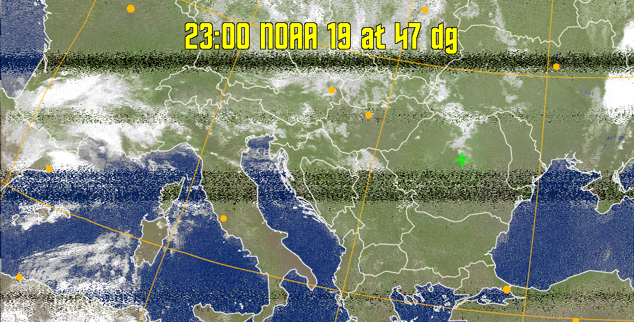 MCIR-precip: 
Colours the NOAA sensor 4 IR image using a map to colour the sea blue and land
green. High clouds appear white, lower clouds gray or land/sea coloured, clouds
generally appear lighter, but distinguishing between land/sea and low cloud may
be difficult. Darker colours indicate warmer regions.