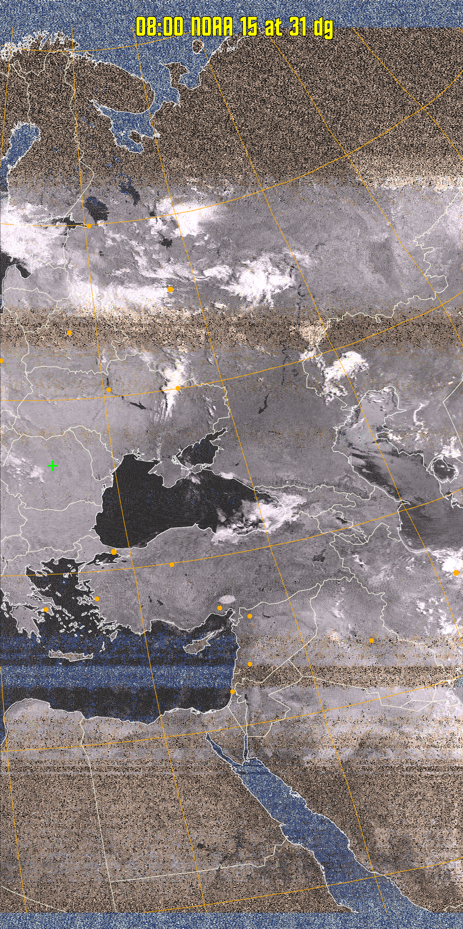 HVCT:
Similar to HVC, but with blue water and with colours more indicative of
land temperatures.
HVC:
Creates a false colour image from NOAA APT images based on temperature using
the HVC colour model. Uses the temperature derived from the sensor 4 image to
select the hue and the brightness from the histogram equalised other image to
select the value and chroma. The HVC colour model attempts to ensure that different colours at the same value will appear to the eye to be the same brightness
and the spacing between colours representing each degree will appear to the eye to
be similar. Bright areas are completely unsaturated in this model.
