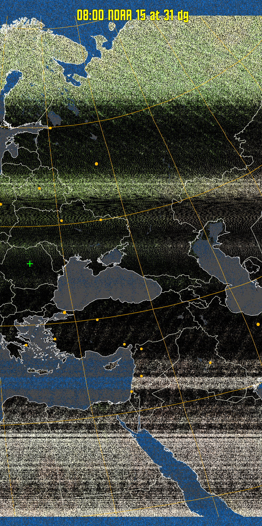 MCIR-precip: 
Colours the NOAA sensor 4 IR image using a map to colour the sea blue and land
green. High clouds appear white, lower clouds gray or land/sea coloured, clouds
generally appear lighter, but distinguishing between land/sea and low cloud may
be difficult. Darker colours indicate warmer regions.