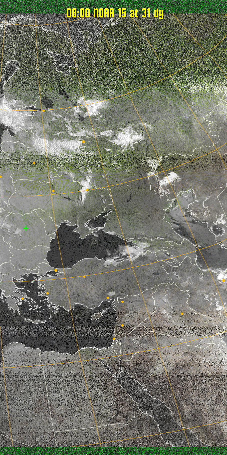 MSA-precip:
Same as MSA multispectral analysis, but high cold cloud tops are coloured the
same as the NO enhancement to give an approximate indication of the probability
and intensity of precipitation.