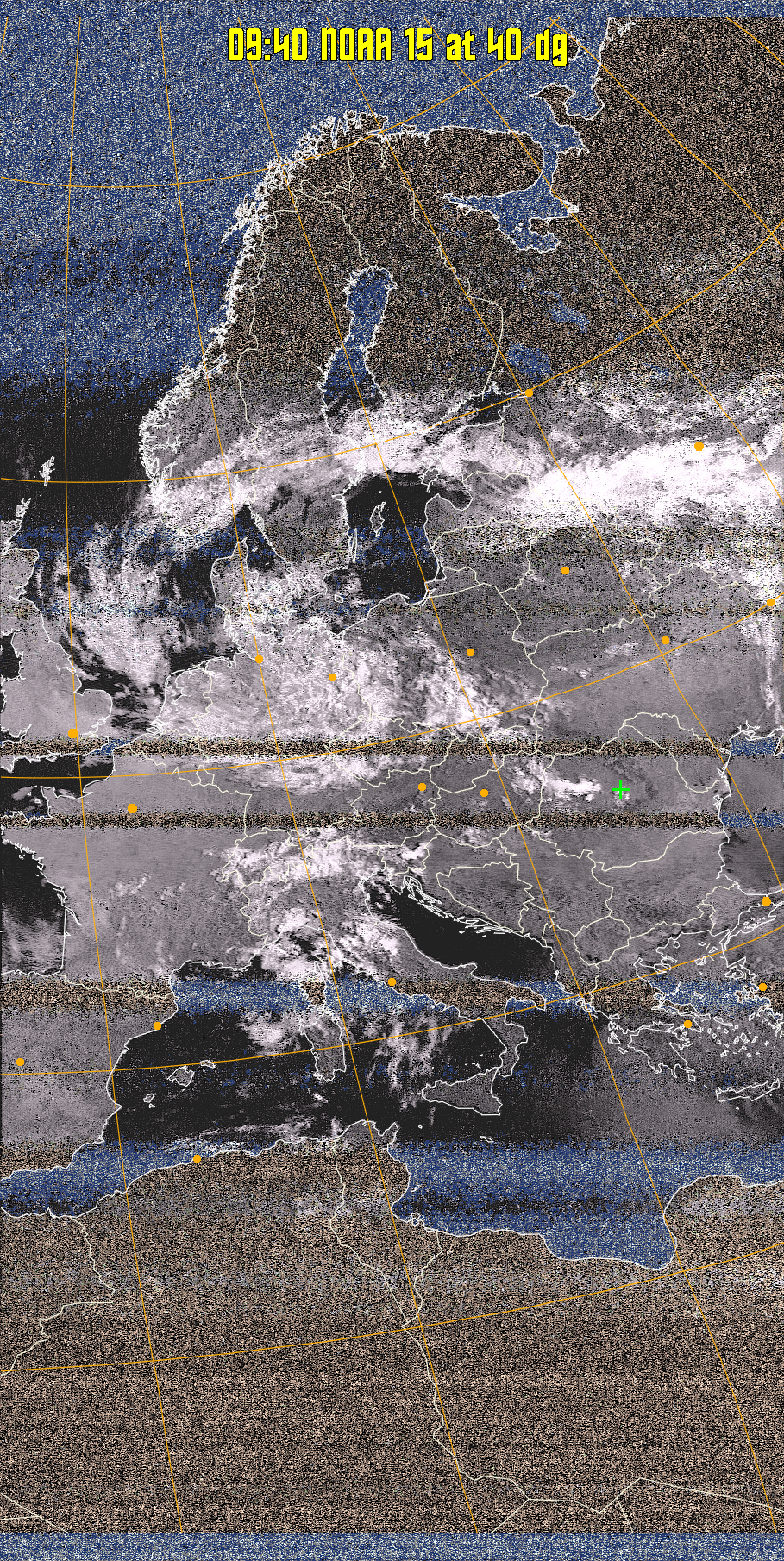 HVCT:
Similar to HVC, but with blue water and with colours more indicative of
land temperatures.
HVC:
Creates a false colour image from NOAA APT images based on temperature using
the HVC colour model. Uses the temperature derived from the sensor 4 image to
select the hue and the brightness from the histogram equalised other image to
select the value and chroma. The HVC colour model attempts to ensure that different colours at the same value will appear to the eye to be the same brightness
and the spacing between colours representing each degree will appear to the eye to
be similar. Bright areas are completely unsaturated in this model.