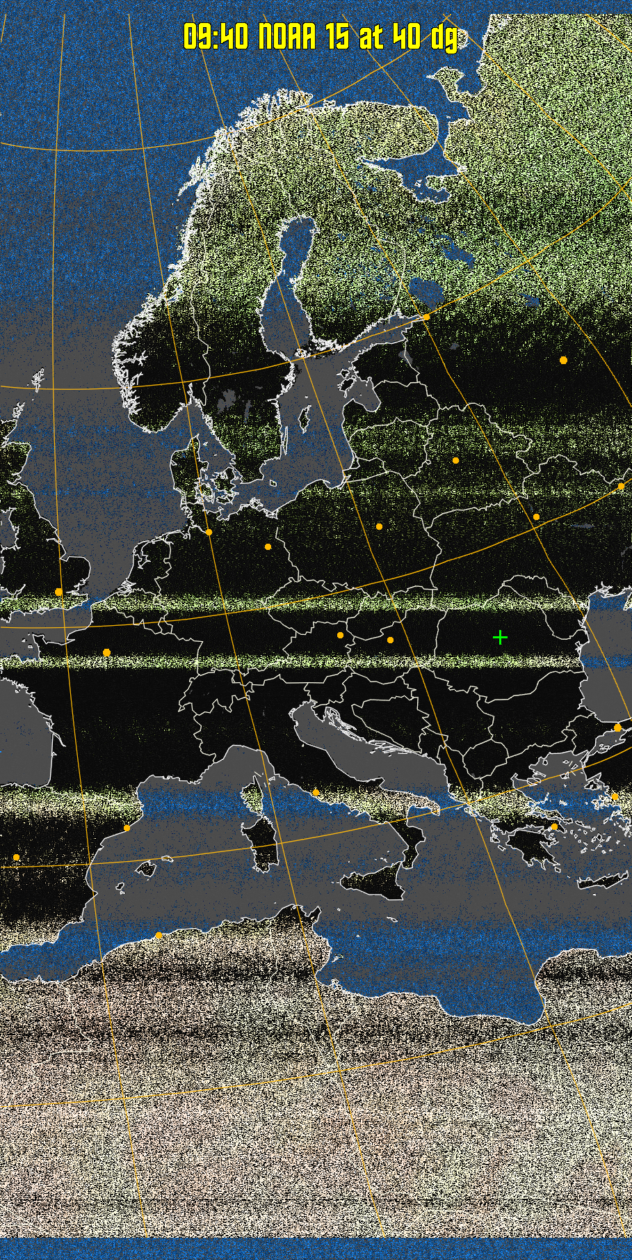 MCIR-precip: 
Colours the NOAA sensor 4 IR image using a map to colour the sea blue and land
green. High clouds appear white, lower clouds gray or land/sea coloured, clouds
generally appear lighter, but distinguishing between land/sea and low cloud may
be difficult. Darker colours indicate warmer regions.