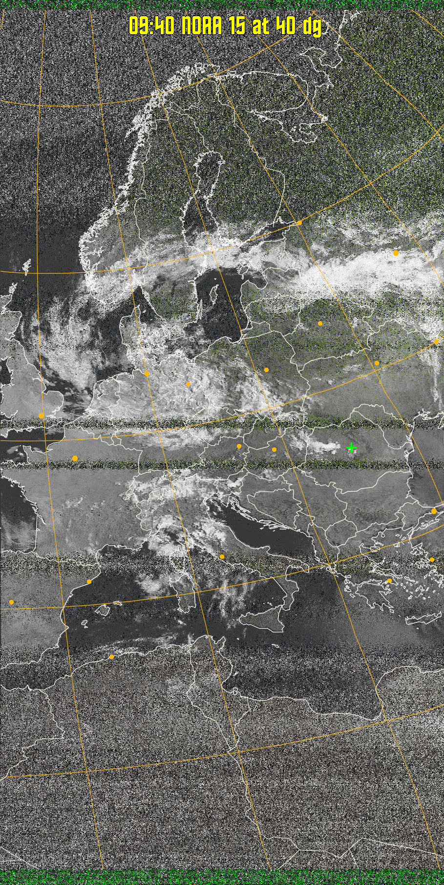 MSA-precip:
Same as MSA multispectral analysis, but high cold cloud tops are coloured the
same as the NO enhancement to give an approximate indication of the probability
and intensity of precipitation.