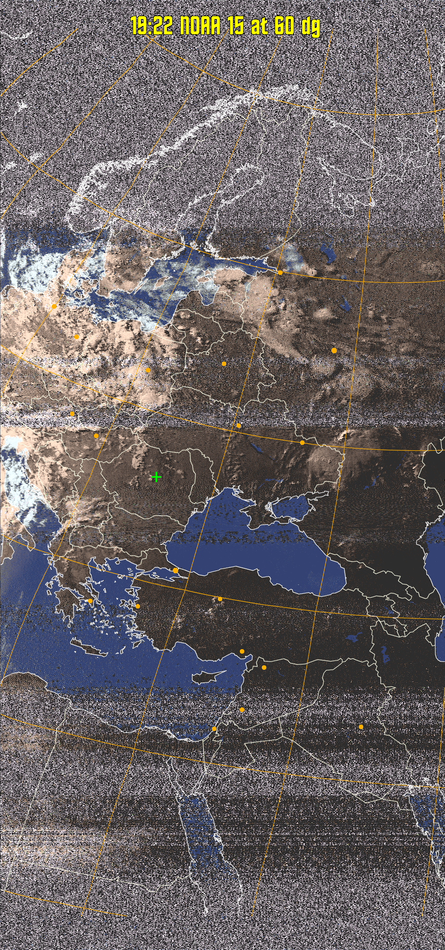 HVCT:
Similar to HVC, but with blue water and with colours more indicative of
land temperatures.
HVC:
Creates a false colour image from NOAA APT images based on temperature using
the HVC colour model. Uses the temperature derived from the sensor 4 image to
select the hue and the brightness from the histogram equalised other image to
select the value and chroma. The HVC colour model attempts to ensure that different colours at the same value will appear to the eye to be the same brightness
and the spacing between colours representing each degree will appear to the eye to
be similar. Bright areas are completely unsaturated in this model.