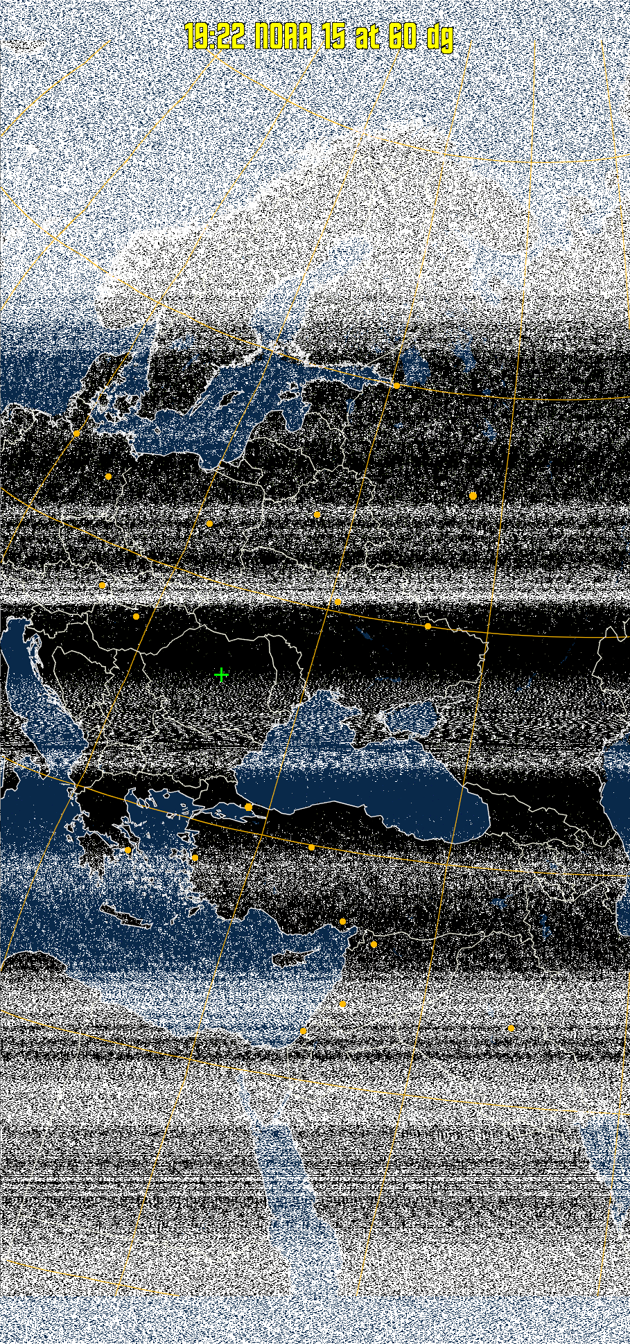 MCIR-precip: 
Colours the NOAA sensor 4 IR image using a map to colour the sea blue and land
green. High clouds appear white, lower clouds gray or land/sea coloured, clouds
generally appear lighter, but distinguishing between land/sea and low cloud may
be difficult. Darker colours indicate warmer regions.