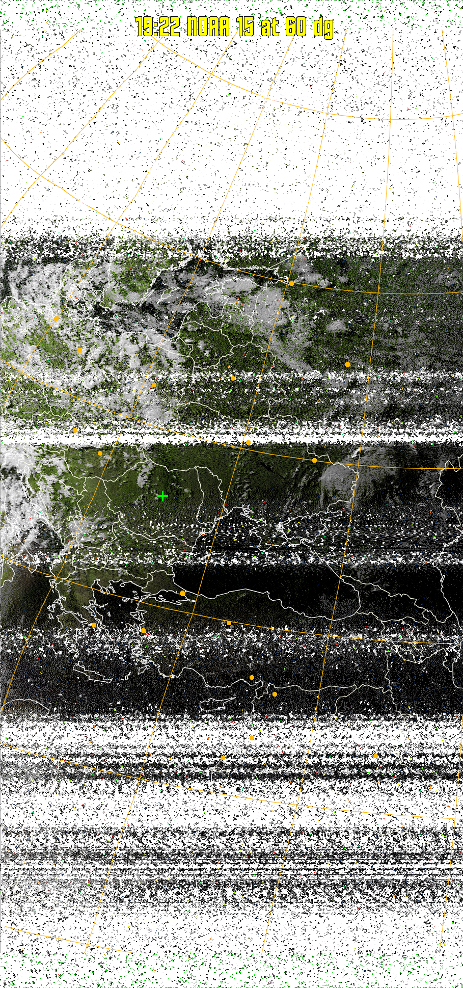MSA-precip:
Same as MSA multispectral analysis, but high cold cloud tops are coloured the
same as the NO enhancement to give an approximate indication of the probability
and intensity of precipitation.