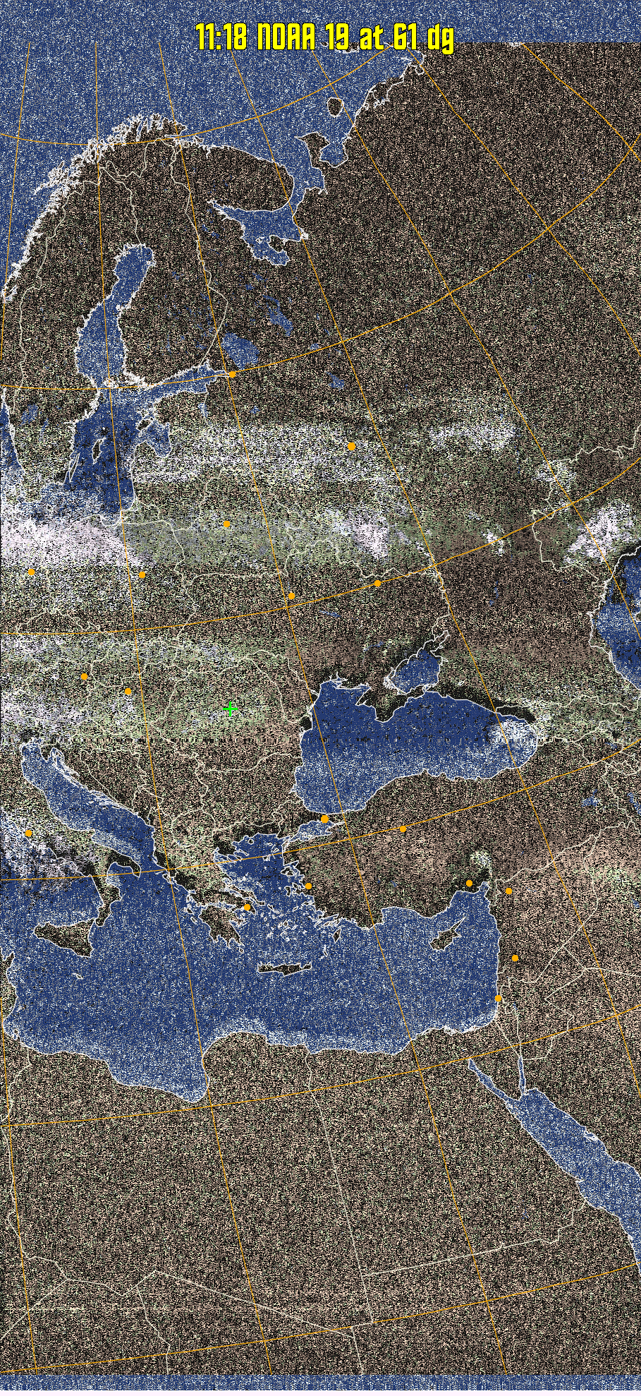 HVCT:
Similar to HVC, but with blue water and with colours more indicative of
land temperatures.
HVC:
Creates a false colour image from NOAA APT images based on temperature using
the HVC colour model. Uses the temperature derived from the sensor 4 image to
select the hue and the brightness from the histogram equalised other image to
select the value and chroma. The HVC colour model attempts to ensure that different colours at the same value will appear to the eye to be the same brightness
and the spacing between colours representing each degree will appear to the eye to
be similar. Bright areas are completely unsaturated in this model.