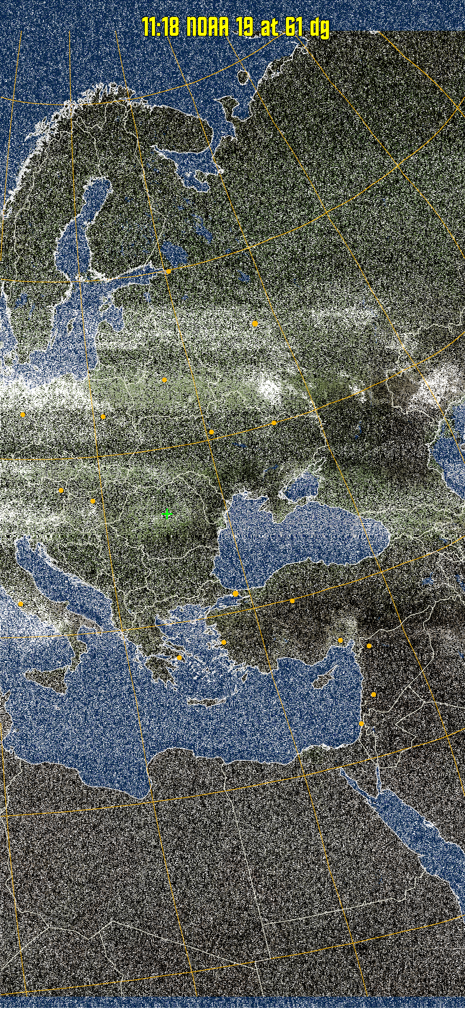 MCIR-precip: 
Colours the NOAA sensor 4 IR image using a map to colour the sea blue and land
green. High clouds appear white, lower clouds gray or land/sea coloured, clouds
generally appear lighter, but distinguishing between land/sea and low cloud may
be difficult. Darker colours indicate warmer regions.