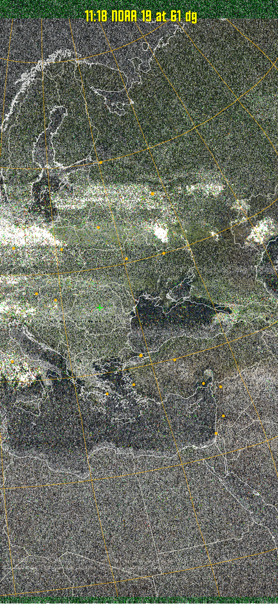 MSA-precip:
Same as MSA multispectral analysis, but high cold cloud tops are coloured the
same as the NO enhancement to give an approximate indication of the probability
and intensity of precipitation.
