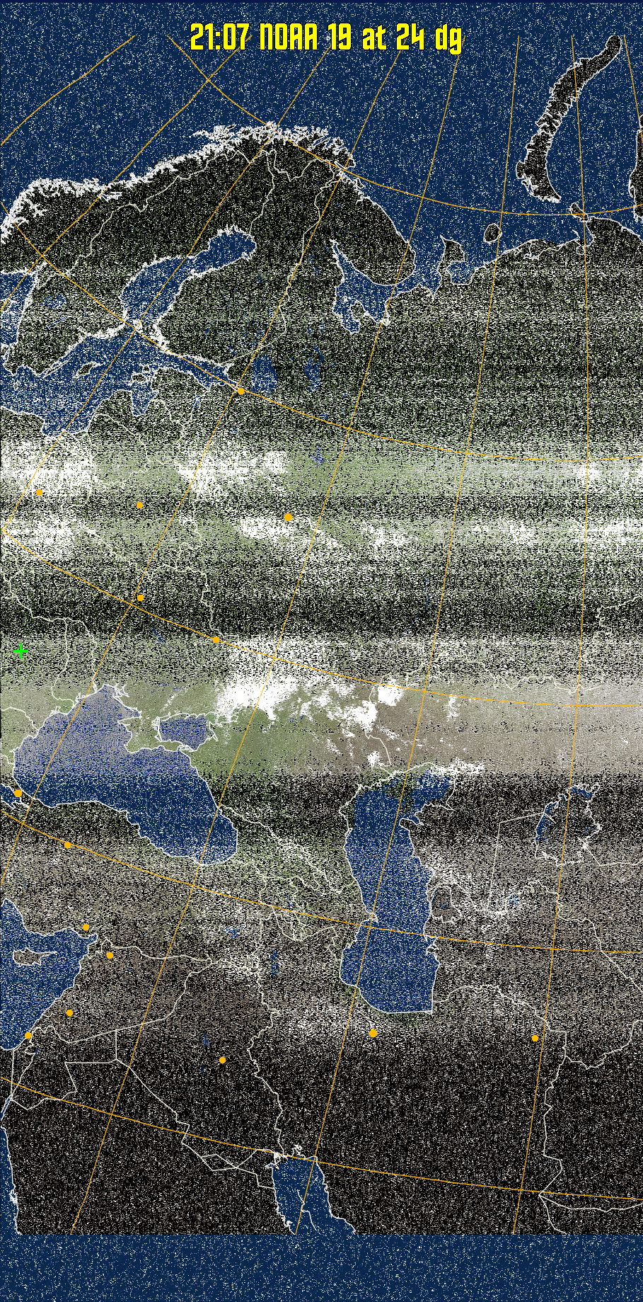 MCIR-precip: 
Colours the NOAA sensor 4 IR image using a map to colour the sea blue and land
green. High clouds appear white, lower clouds gray or land/sea coloured, clouds
generally appear lighter, but distinguishing between land/sea and low cloud may
be difficult. Darker colours indicate warmer regions.