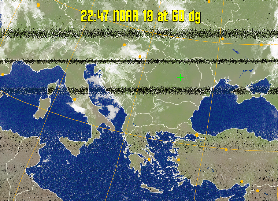 MCIR-precip: 
Colours the NOAA sensor 4 IR image using a map to colour the sea blue and land
green. High clouds appear white, lower clouds gray or land/sea coloured, clouds
generally appear lighter, but distinguishing between land/sea and low cloud may
be difficult. Darker colours indicate warmer regions.