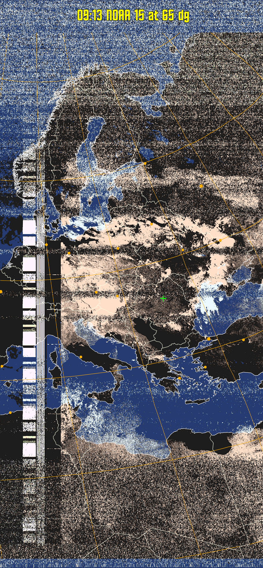 HVCT:
Similar to HVC, but with blue water and with colours more indicative of
land temperatures.
HVC:
Creates a false colour image from NOAA APT images based on temperature using
the HVC colour model. Uses the temperature derived from the sensor 4 image to
select the hue and the brightness from the histogram equalised other image to
select the value and chroma. The HVC colour model attempts to ensure that different colours at the same value will appear to the eye to be the same brightness
and the spacing between colours representing each degree will appear to the eye to
be similar. Bright areas are completely unsaturated in this model.