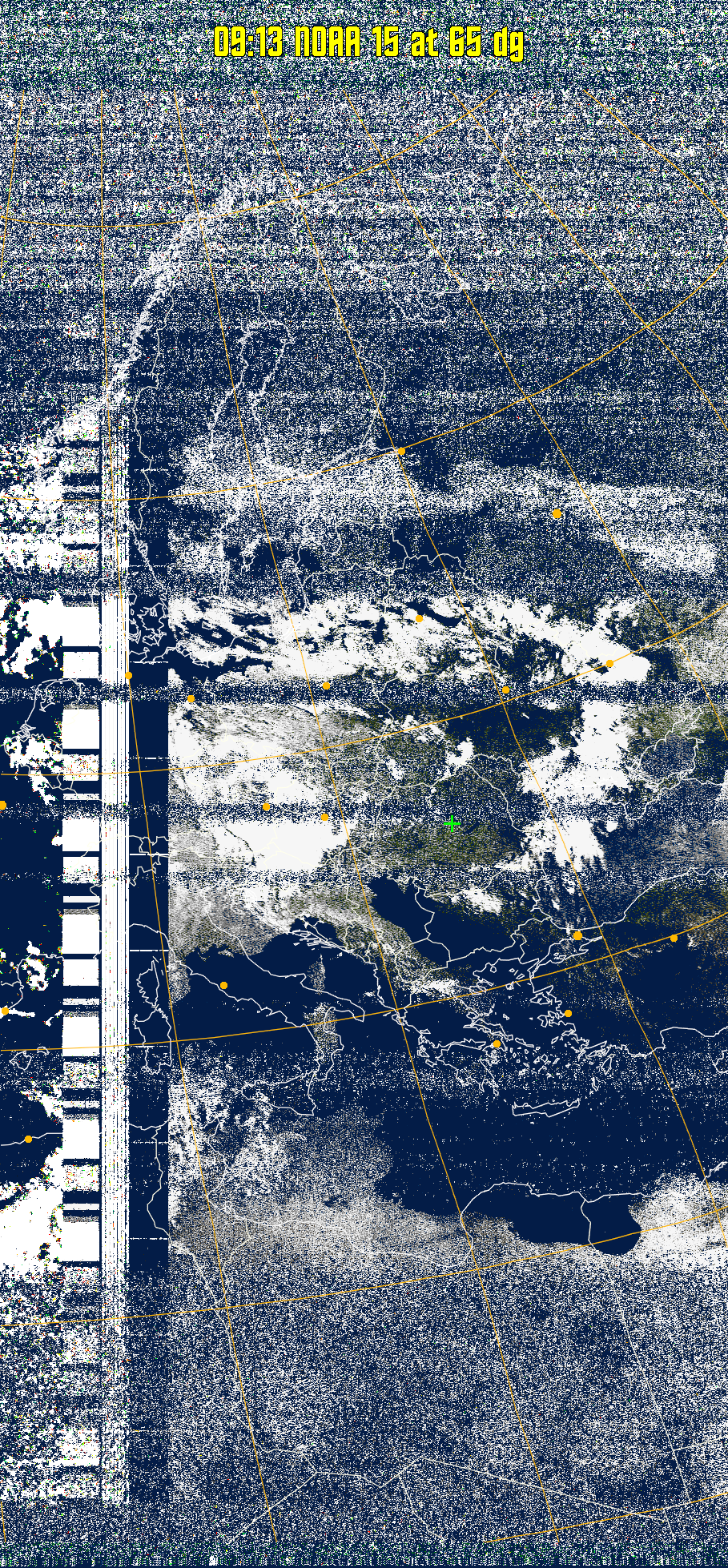MSA-precip:
Same as MSA multispectral analysis, but high cold cloud tops are coloured the
same as the NO enhancement to give an approximate indication of the probability
and intensity of precipitation.