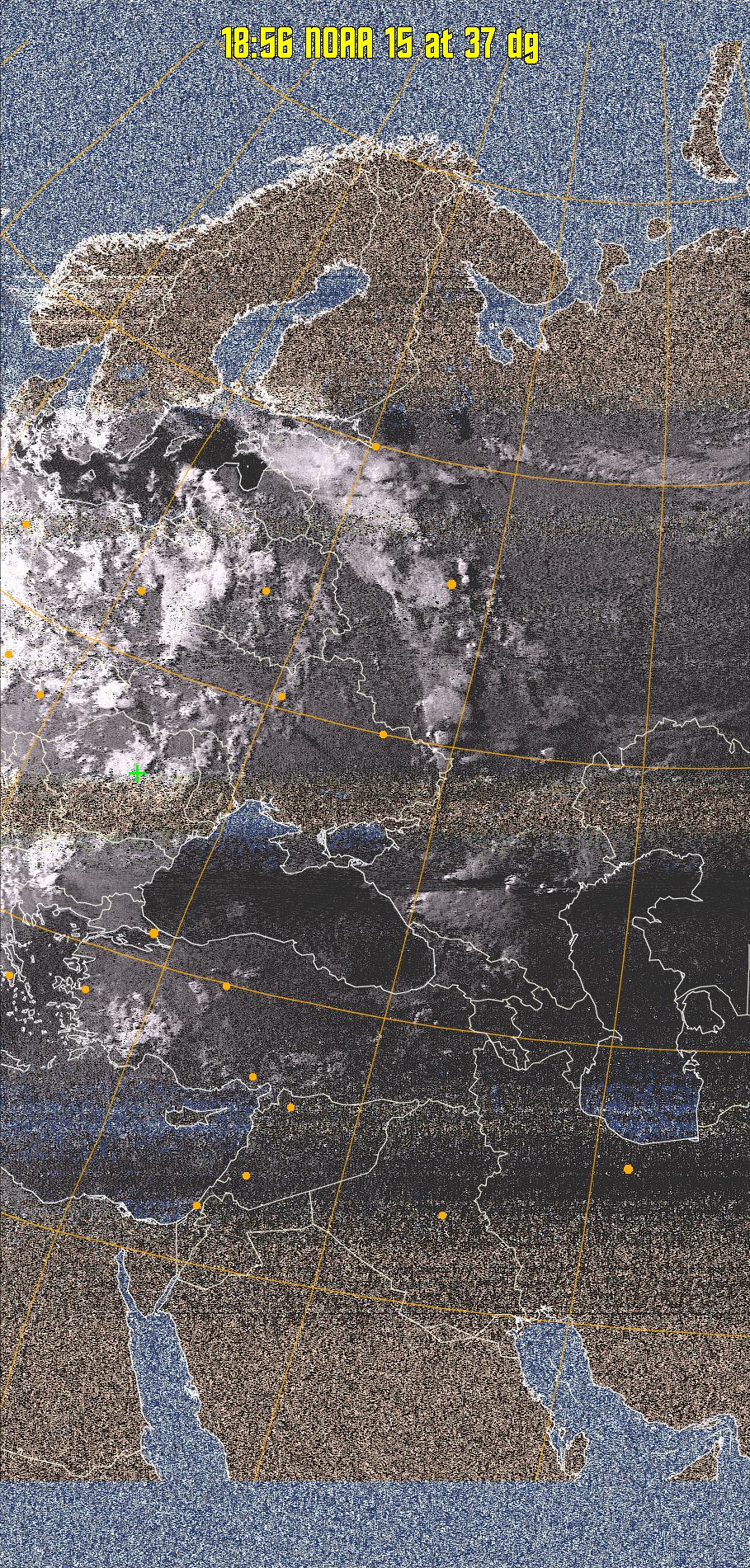 HVCT:
Similar to HVC, but with blue water and with colours more indicative of
land temperatures.
HVC:
Creates a false colour image from NOAA APT images based on temperature using
the HVC colour model. Uses the temperature derived from the sensor 4 image to
select the hue and the brightness from the histogram equalised other image to
select the value and chroma. The HVC colour model attempts to ensure that different colours at the same value will appear to the eye to be the same brightness
and the spacing between colours representing each degree will appear to the eye to
be similar. Bright areas are completely unsaturated in this model.