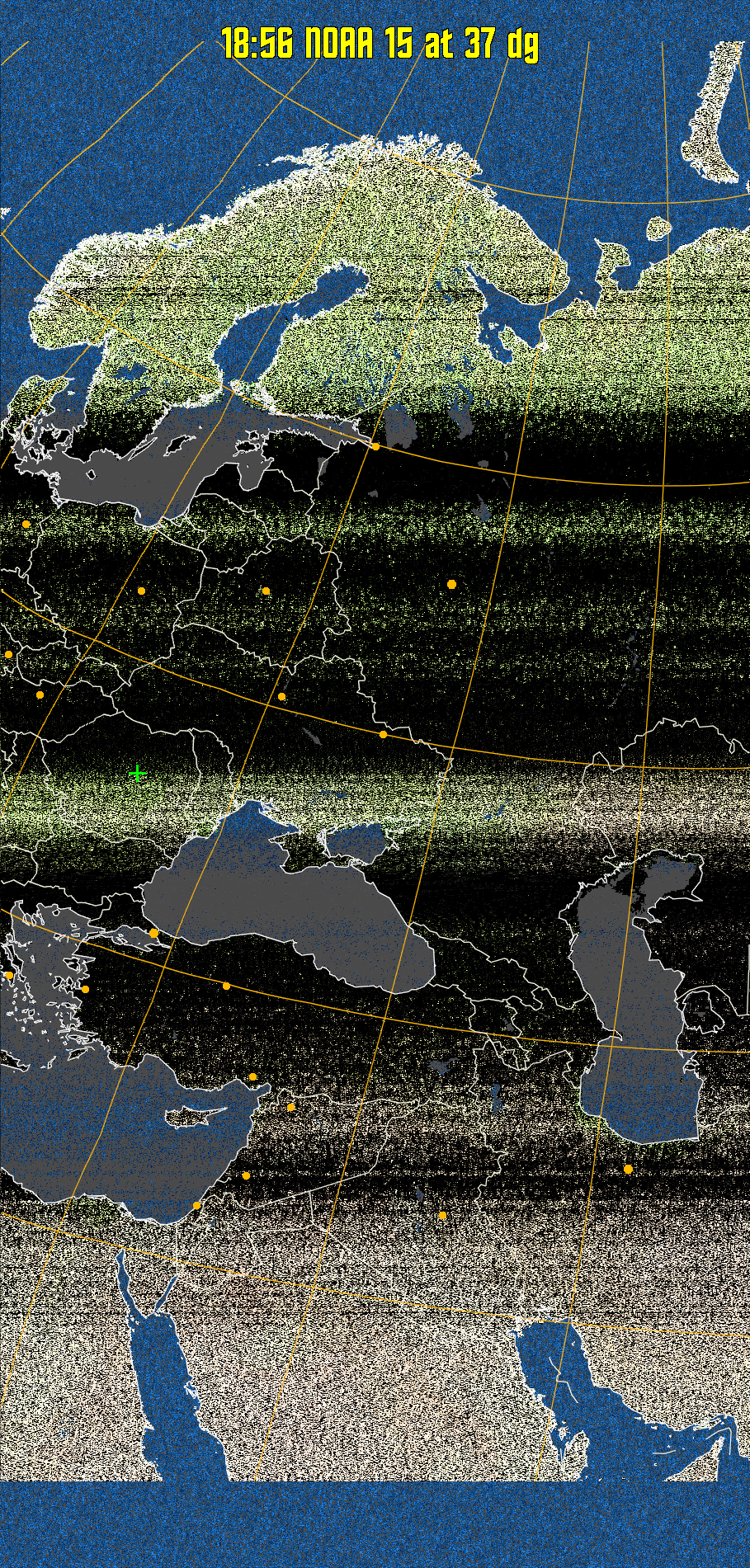 MCIR-precip: 
Colours the NOAA sensor 4 IR image using a map to colour the sea blue and land
green. High clouds appear white, lower clouds gray or land/sea coloured, clouds
generally appear lighter, but distinguishing between land/sea and low cloud may
be difficult. Darker colours indicate warmer regions.