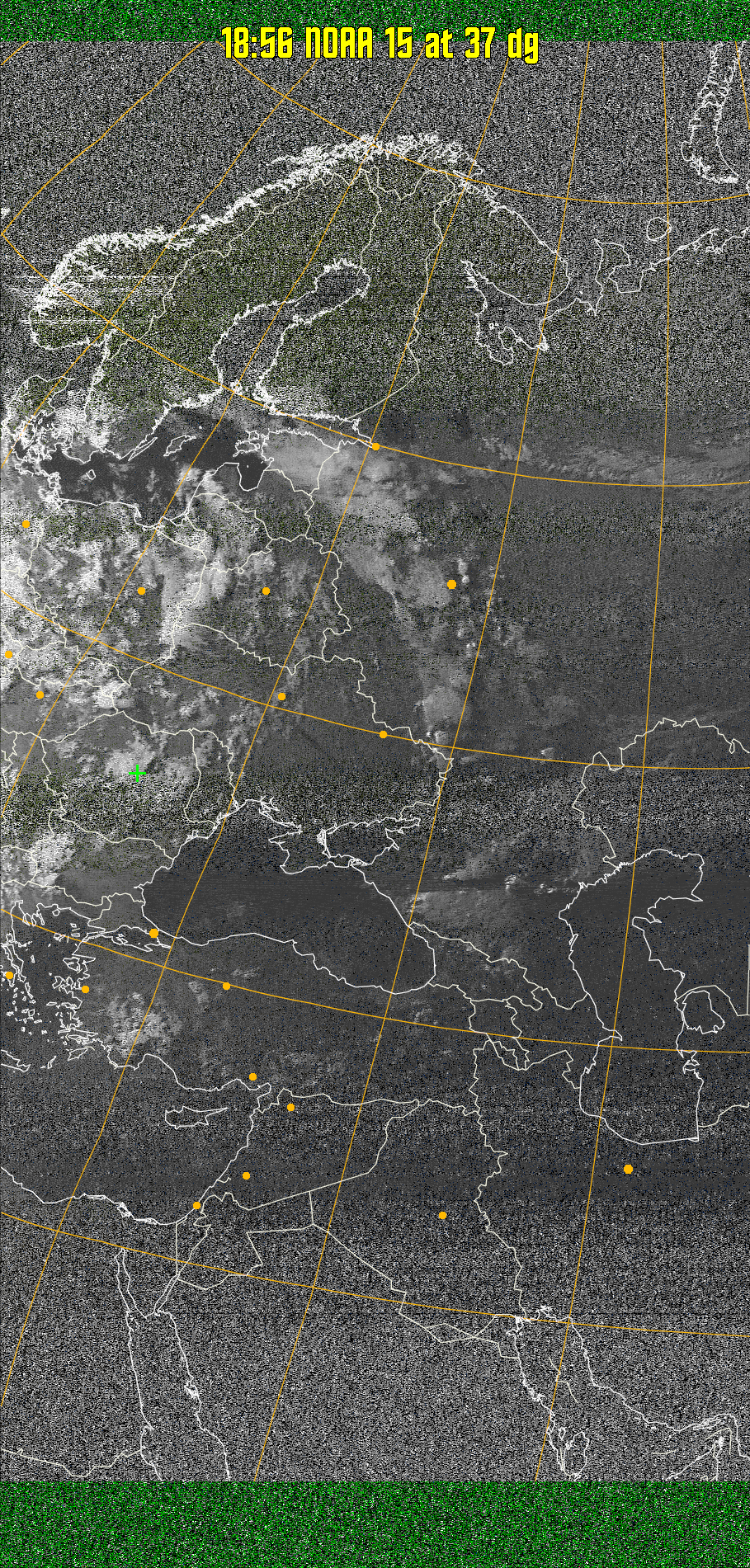 MSA-precip:
Same as MSA multispectral analysis, but high cold cloud tops are coloured the
same as the NO enhancement to give an approximate indication of the probability
and intensity of precipitation.