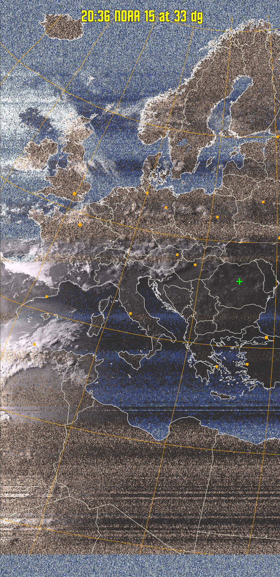 HVCT:
Similar to HVC, but with blue water and with colours more indicative of
land temperatures.
HVC:
Creates a false colour image from NOAA APT images based on temperature using
the HVC colour model. Uses the temperature derived from the sensor 4 image to
select the hue and the brightness from the histogram equalised other image to
select the value and chroma. The HVC colour model attempts to ensure that different colours at the same value will appear to the eye to be the same brightness
and the spacing between colours representing each degree will appear to the eye to
be similar. Bright areas are completely unsaturated in this model.
