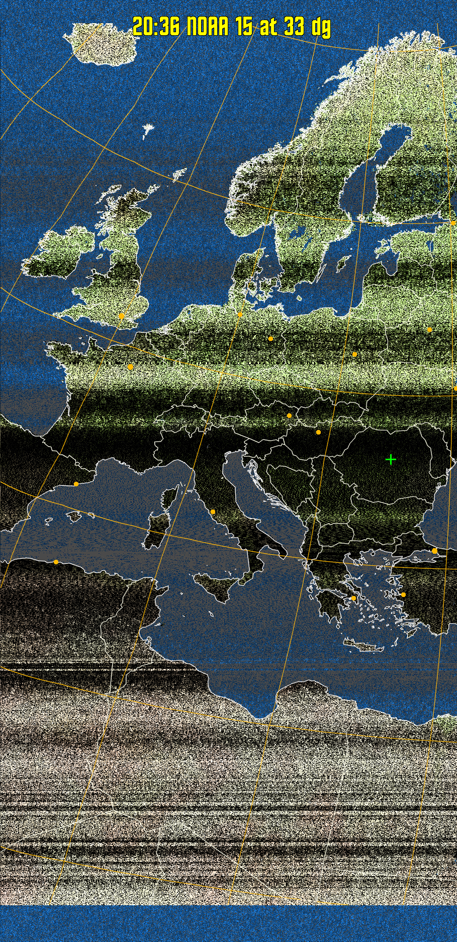MCIR-precip: 
Colours the NOAA sensor 4 IR image using a map to colour the sea blue and land
green. High clouds appear white, lower clouds gray or land/sea coloured, clouds
generally appear lighter, but distinguishing between land/sea and low cloud may
be difficult. Darker colours indicate warmer regions.