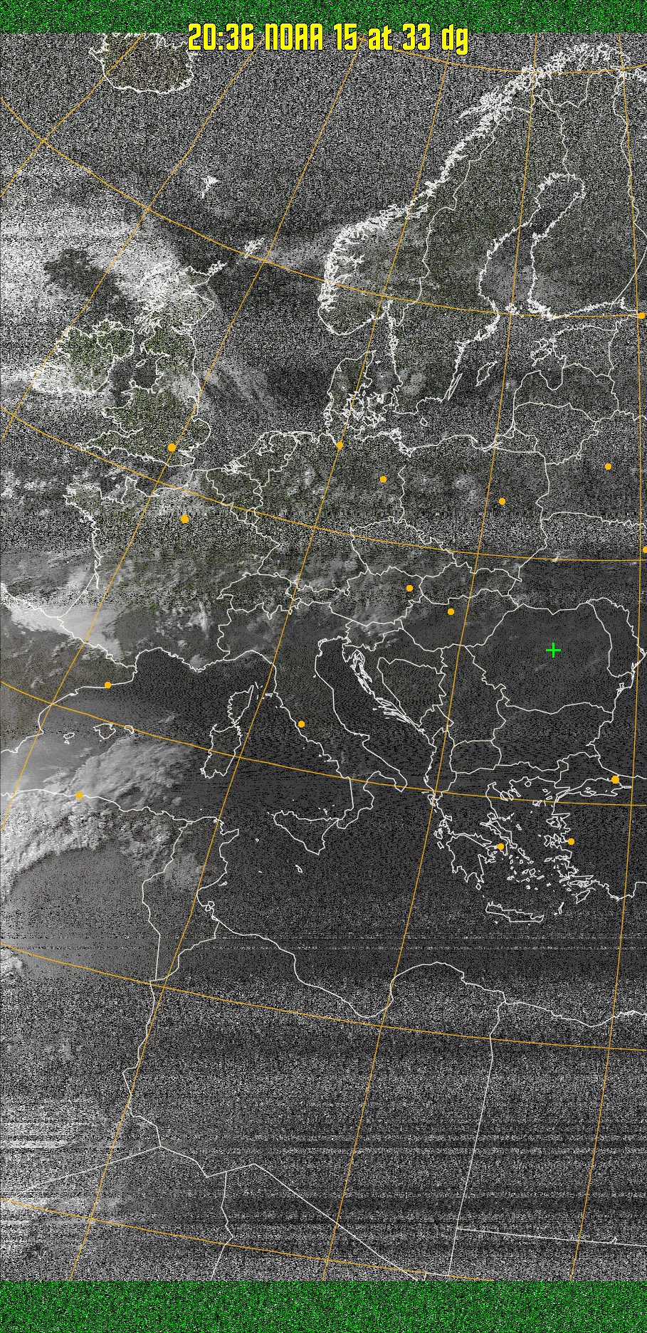 MSA-precip:
Same as MSA multispectral analysis, but high cold cloud tops are coloured the
same as the NO enhancement to give an approximate indication of the probability
and intensity of precipitation.