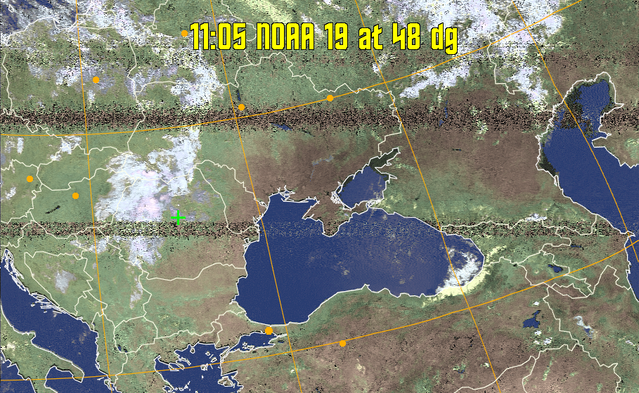 HVCT:
Similar to HVC, but with blue water and with colours more indicative of
land temperatures.
HVC:
Creates a false colour image from NOAA APT images based on temperature using
the HVC colour model. Uses the temperature derived from the sensor 4 image to
select the hue and the brightness from the histogram equalised other image to
select the value and chroma. The HVC colour model attempts to ensure that different colours at the same value will appear to the eye to be the same brightness
and the spacing between colours representing each degree will appear to the eye to
be similar. Bright areas are completely unsaturated in this model.